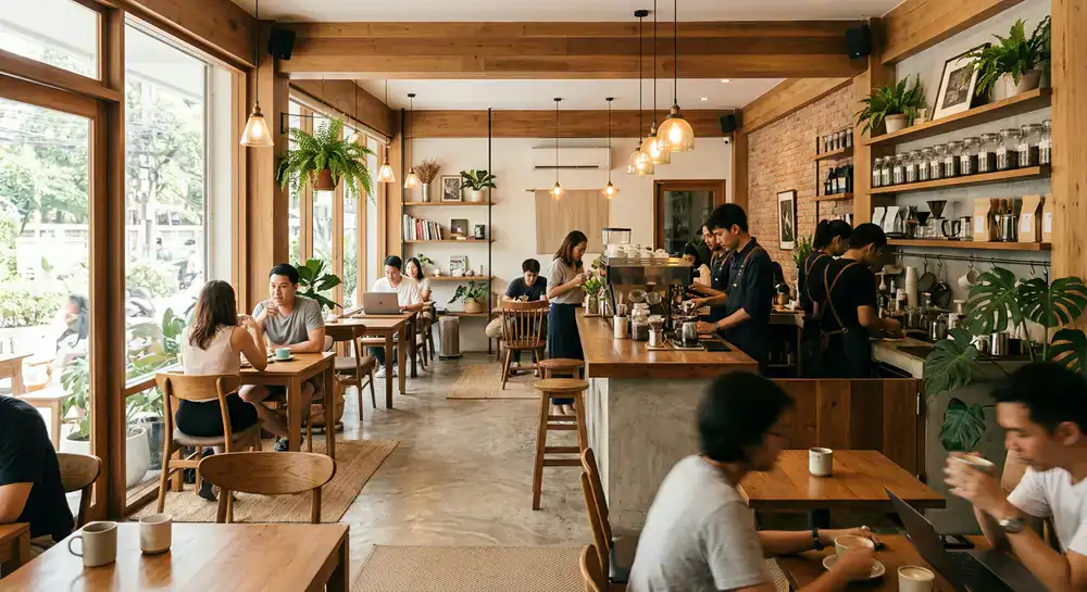 Interior view of Siam Brews coffee and tea shop in Bangkok